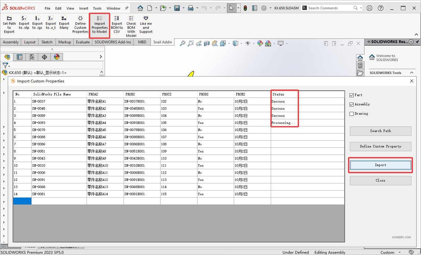 write many properties to Solidworks parts or assemblies.